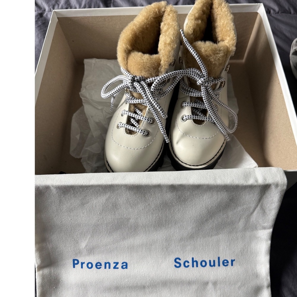 Proenza Schouler Shearling Hiking Boots Off White Leather Lug Sole PS37230D 36